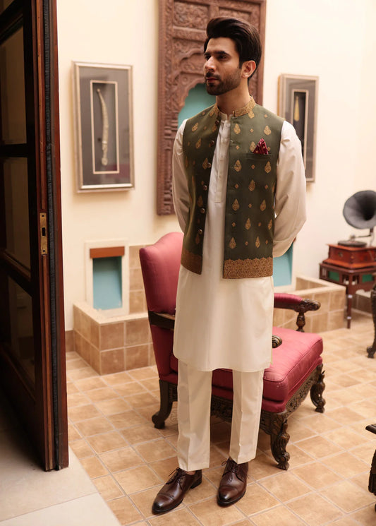 Mehndi Green Men Waistcoat